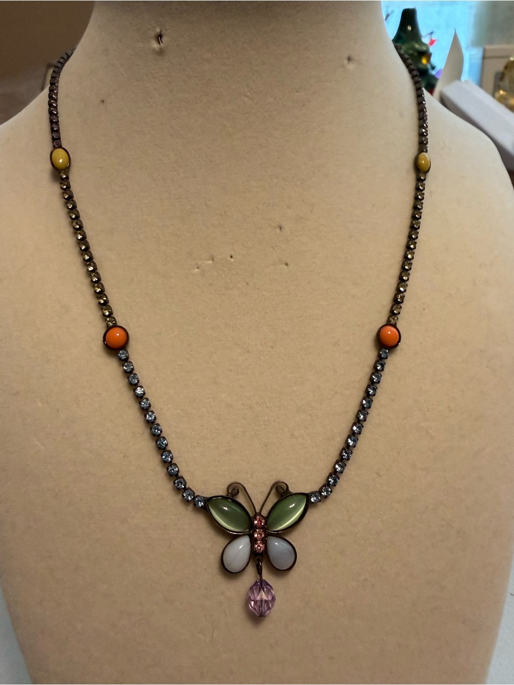 Sorrelli Vintage Butterfly necklace multicolor crystal antique brass signed